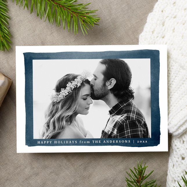 Modern Navy Watercolor Frame Photo Holiday Card (Creator Uploaded)