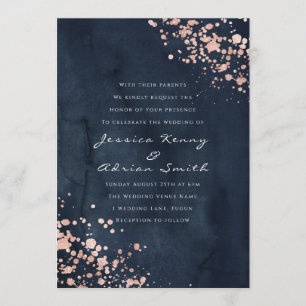 Modern Navy Watercolor Rose Gold Diamond Wedding Invitation
