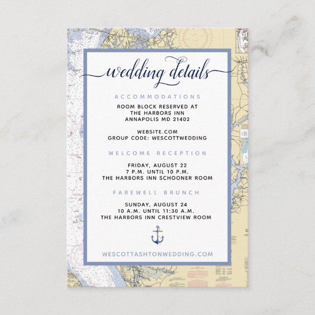 Modern Navy #Wedding Annapolis MD Nautical Map Enclosure Card (Front)