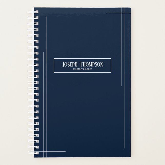 Modern Navy & White Abstract Monogram Monthly Planner (Front)