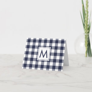Modern Navy White Buffalo Plaid Pattern Monogram Note Card