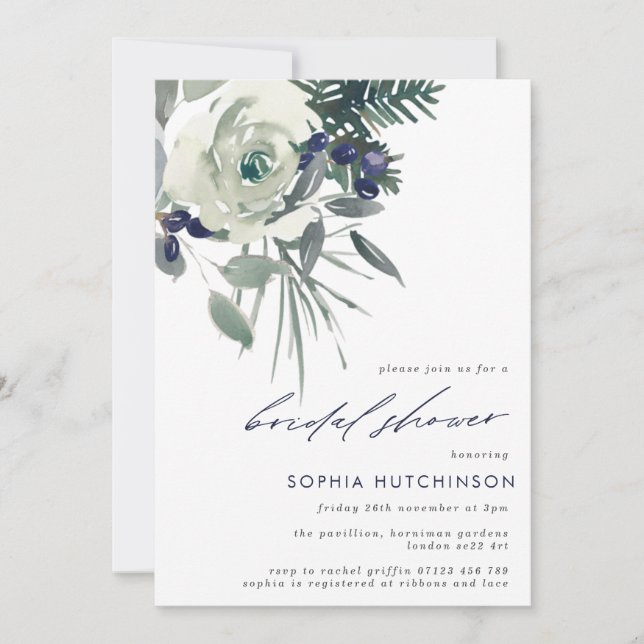 Modern Navy & White Floral Bridal Shower Invitation (Front)