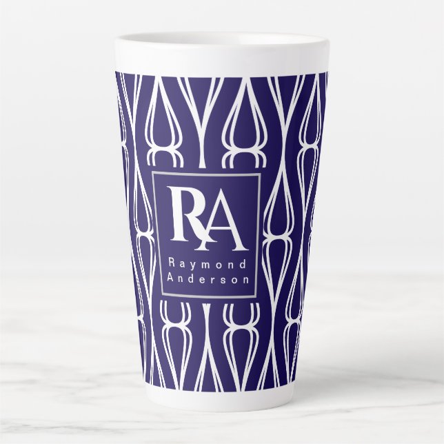 Modern Navy White Pattern Monogram Latte Mug (Front)