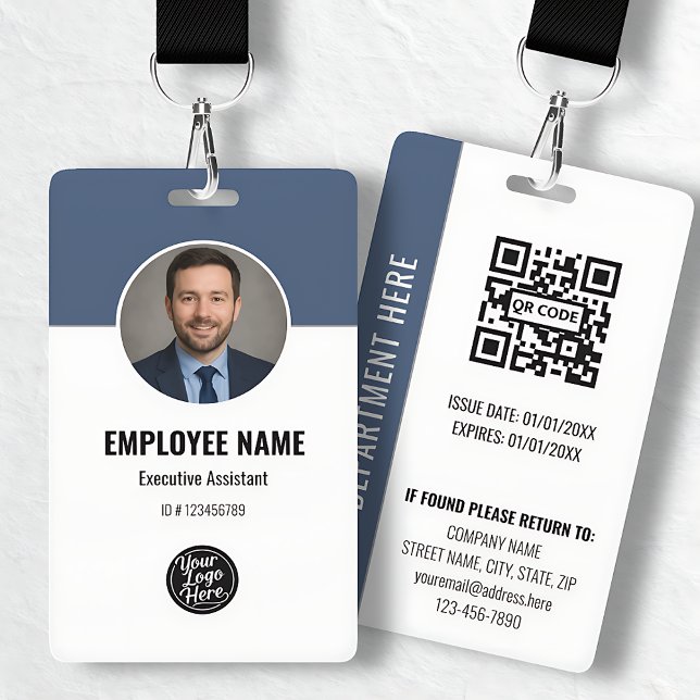 Modern Navy White Photo ID Employee QR Code ID Badge (Modern Navy White Photo ID Employee QR Code Badge)