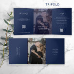 Modern navy white photo minimalist wedding QR RSVP Tri-Fold Invitation<br><div class="desc">Simple elegant minimal typography trendy navy blue and white all in one trifold wedding invitation template with 2 photos, online rsvp, and details with scanning QR codes to your website featuring a chic trendy calligraphy script and dark navy overlay. Easy to personalise with one or two custom photos, your codes,...</div>
