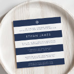 Modern Navy & White Stripe Bar Mitzvah Invitation<br><div class="desc">Our Bar Mitzvah invitations have a modern nautical feel, with wide, horizontal navy blue and white stripes with modern sans serif lettering and a small Star of David at the top. Use the text fields provided to add your custom intro, ceremony details and party details. Customise the wording however you...</div>