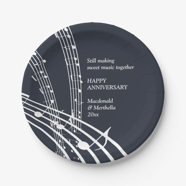 Modern Navy White SWEET MUSIC Happy Anniversary Paper Plate (Front)