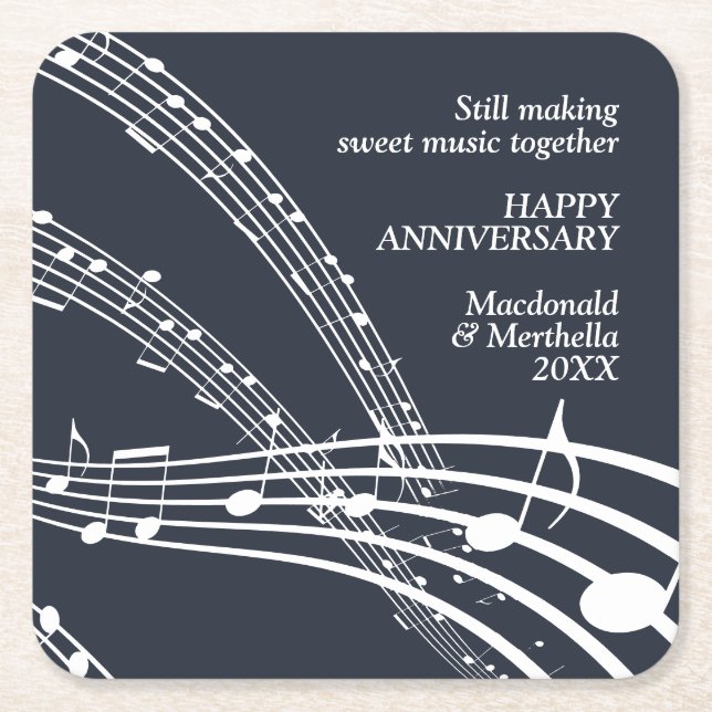 Modern Navy White SWEET MUSIC Happy Anniversary Square Paper Coaster (Front)