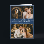 Modern Navy White Wedding Photo Collage Thank You<br><div class="desc">Stylish Pretty Navy and White Hand Lettered Wedding Photo Thank You Folded Card. Elegant wedding thank you card template featuring three (3) photo on the front and one (1) photo inside. With the text "Love and thanks" in a hand lettered typography script font with swashes in white colour on navy...</div>