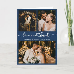 Modern Navy White Wedding Photo Collage Thank You Card