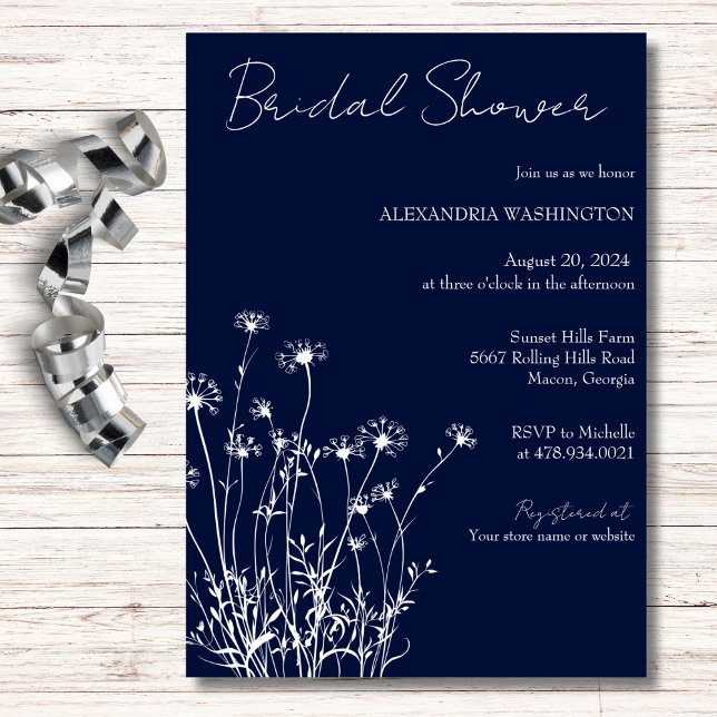 Modern Navy & White Wildflower Bridal Shower Invitation (Creator Uploaded)