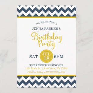 Modern Navy Yellow Gold Chevron Birthday Party Invitation