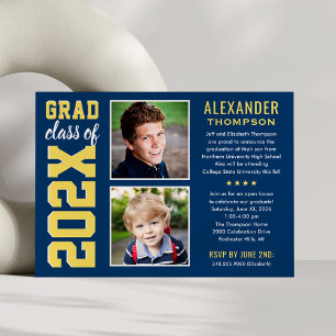 Modern Navy Yellow Two Photos Graduation Party Invitation