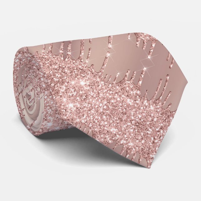 Modern Neck Tie with Rose Gold Blush Glitter Drips (Rolled)