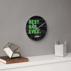 Modern Neon Best Dad Ever Personalised Round Clock
