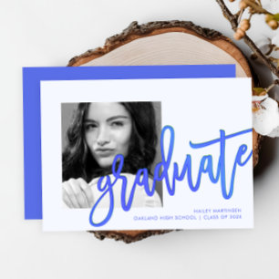 Modern Neon Blue Typography Photo Grad Party Invitation