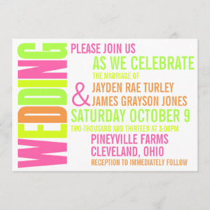 Modern Neon Brights Block Print Wedding Invitation