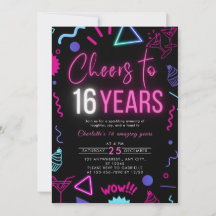Modern Neon Cheers to 16 Years 16th Birthday Party