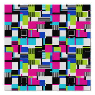 Modern Neon Glitch Geometric Art Poster