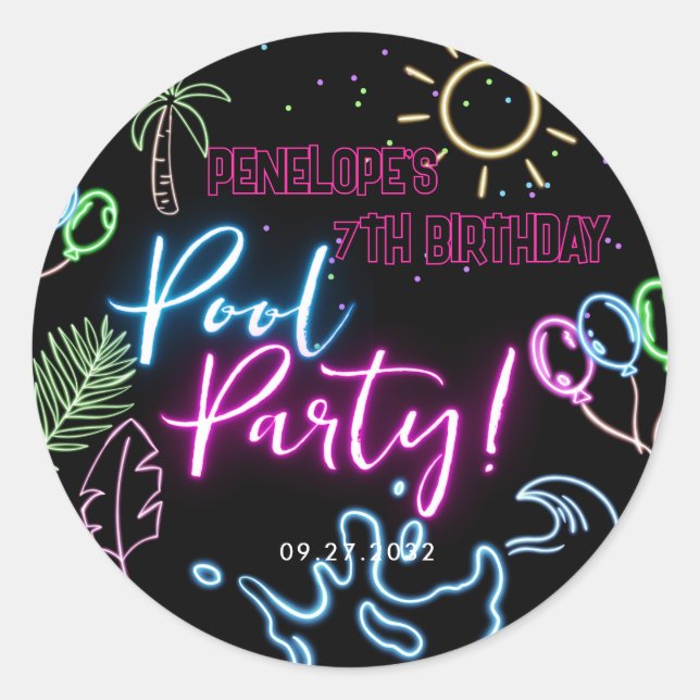 Modern Neon Glow Black Pool Party Birthday Classic Round Sticker (Front)