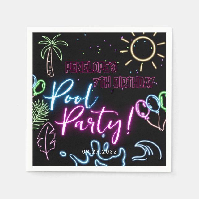 Modern Neon Glow Black Pool Party Birthday Napkin (Front)