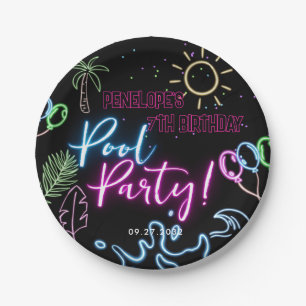 Modern Neon Glow Black Pool Party Birthday Paper Plate