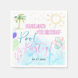 Modern Neon Glow Watercolor Pool Party Birthday Napkin