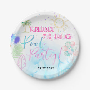 Modern Neon Glow Watercolor Pool Party Birthday Paper Plate