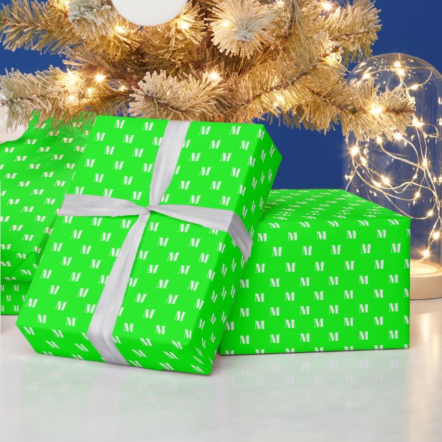 Modern neon green custom monogram initial letter wrapping paper (Holidays)
