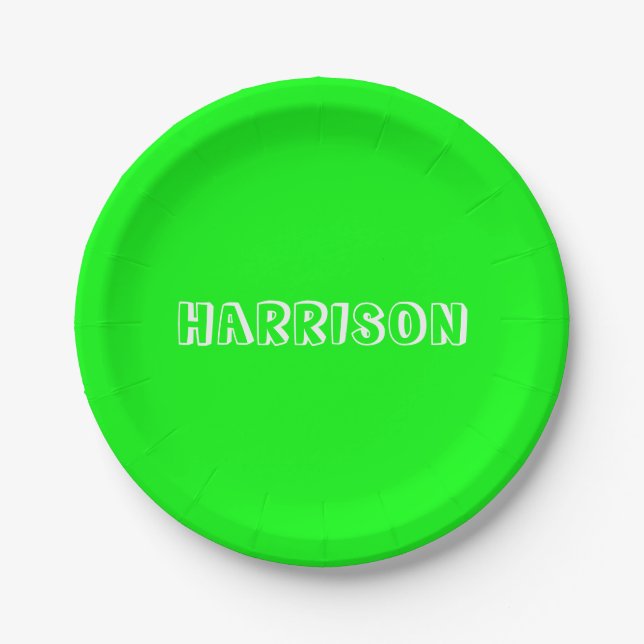 Modern neon green custom name birthday paper plate (Front)