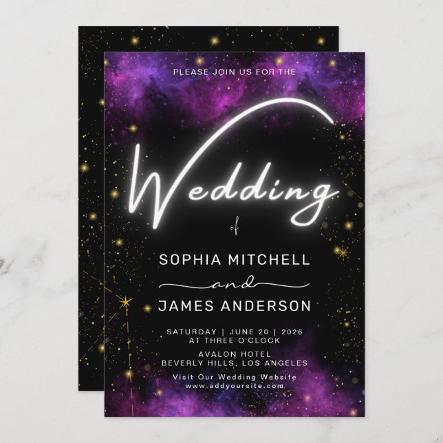 Modern Neon Light Galaxy Black Purple Wedding Invitation (Front/Back)