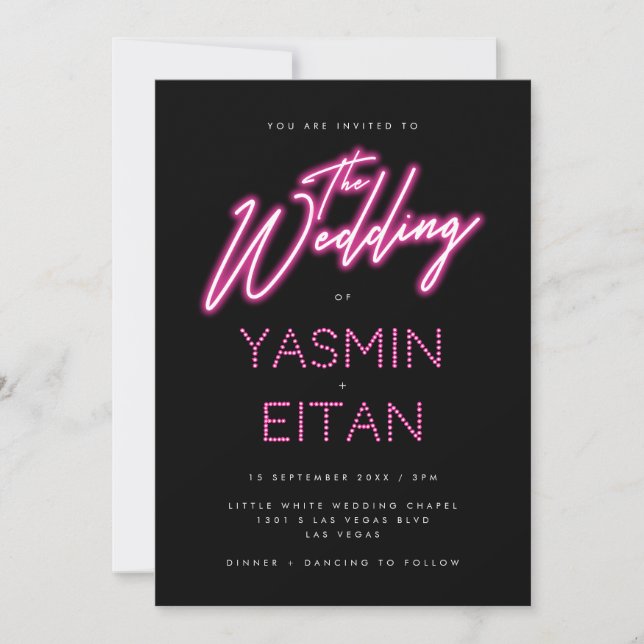 Modern Neon Lights Hot Pink Black Wedding Invitation (Front)
