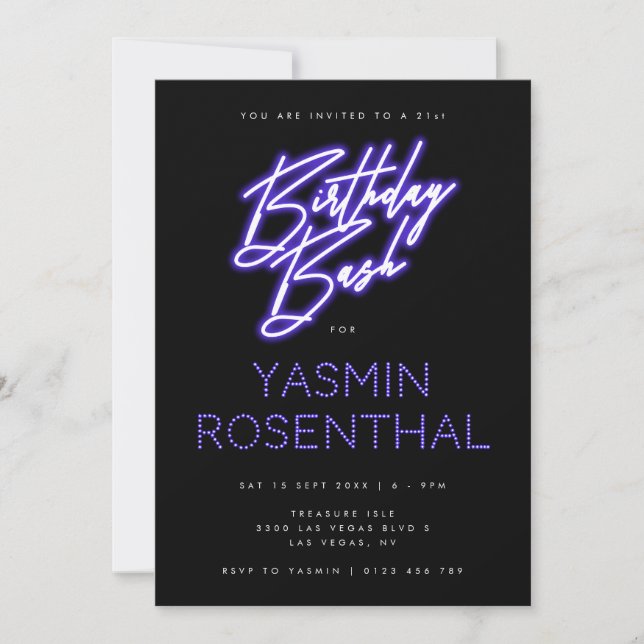 Modern Neon Lights Purple Black Birthday Invitation (Front)