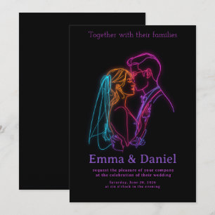Modern Neon Line Art Couple Wedding Invitation
