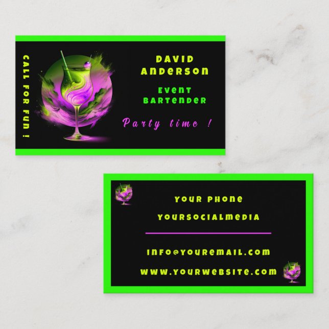 Modern Neon Party Time Personalised Professional Business Card (Front/Back)