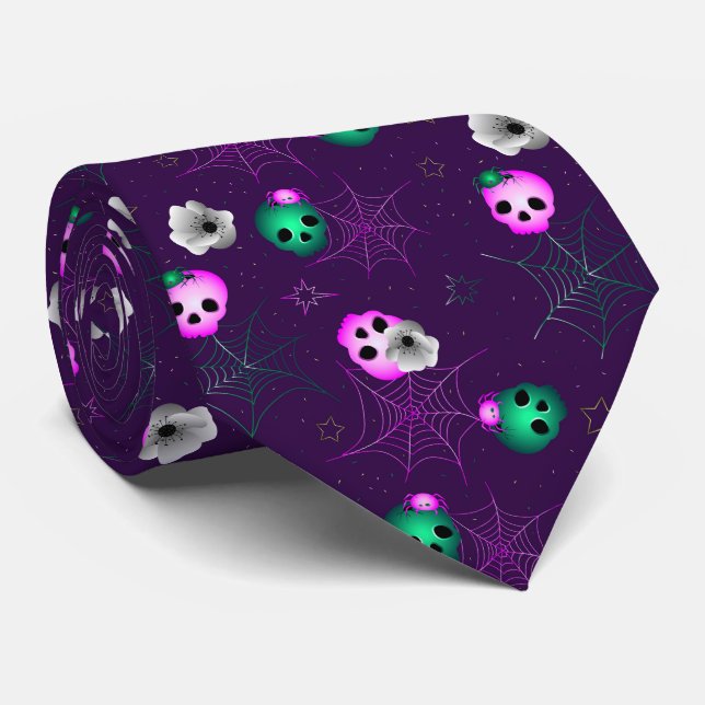 Modern Neon Pink and Green Skulls Tie (Rolled)