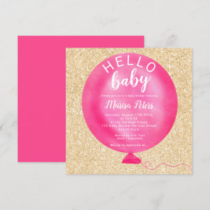Modern neon pink balloon gold glitter baby shower invitation