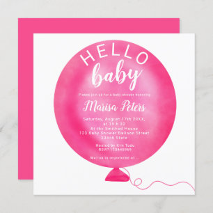 Modern neon pink balloon watercolor  baby shower invitation
