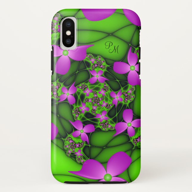 Modern Neon Pink Green Fractal Flowers Monogram Case-Mate iPhone Case (Back)