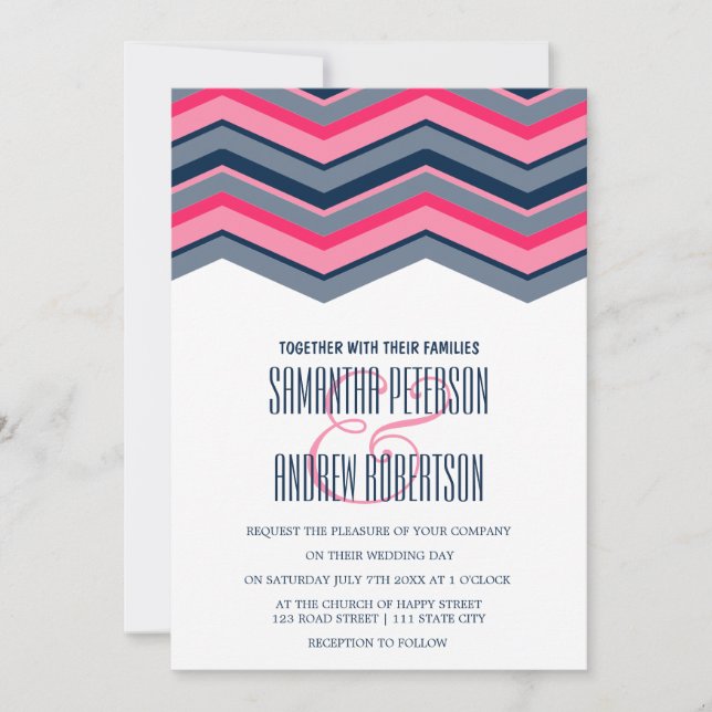 Modern neon pink navy blue chevron Wedding Invitation (Front)