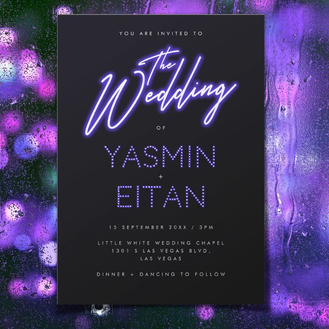 Modern Neon Purple Glow Black Wedding Invitation (In Situ)