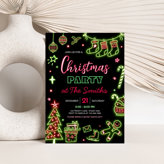 Modern Neon Santa Christmas Party Invitation (Neon Santa Modern Christmas Party Invitation)