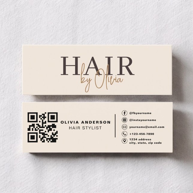 Modern Neutral Beige QR Code Hair Stylist Mini Business Card (Creator Uploaded)