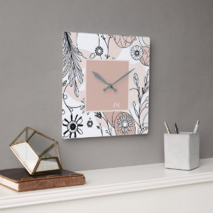 Modern Neutral Boho Brown Aesthetic Square Wall Clock