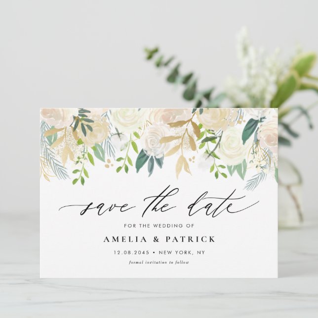 Modern Neutral Botanical Garland QR Code Save The Date (Standing Front)