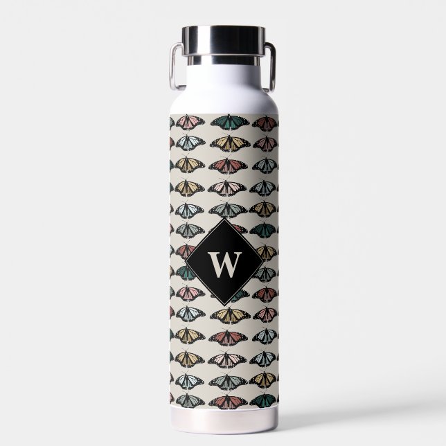 Modern Neutral Butterflies Garden Pattern Monogram Water Bottle (Front)