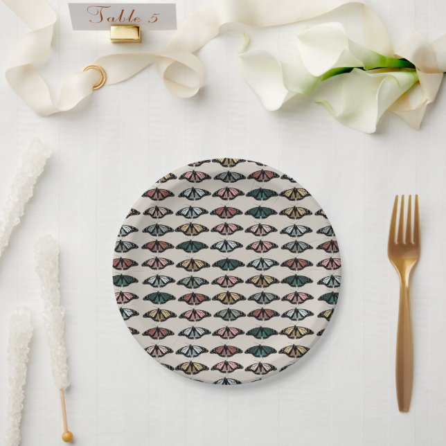 Modern Neutral Butterflies Garden Pattern Paper Plate (Wedding)