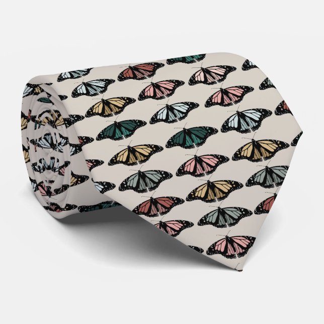 Modern Neutral Butterflies Garden Pattern Tie (Rolled)