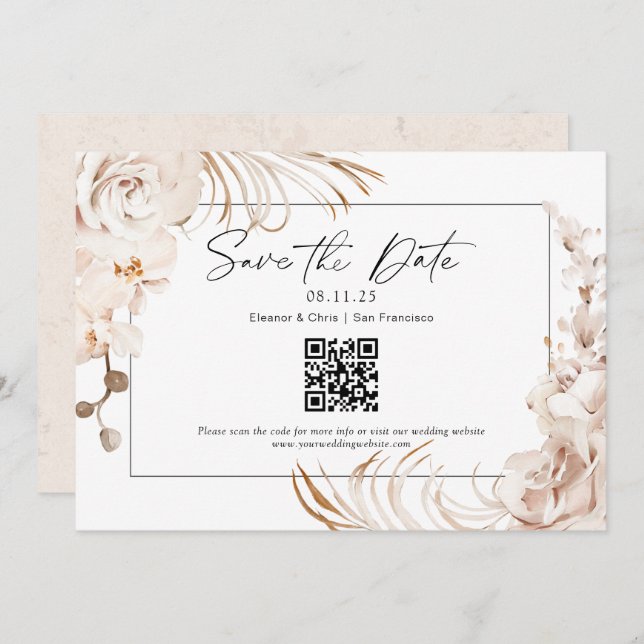 Modern Neutral colour floral QR code save the date (Front/Back)