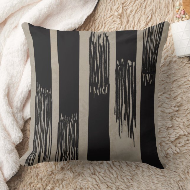 Modern Neutral Contrast Fringed Stripes Tan Black Cushion (Blanket)